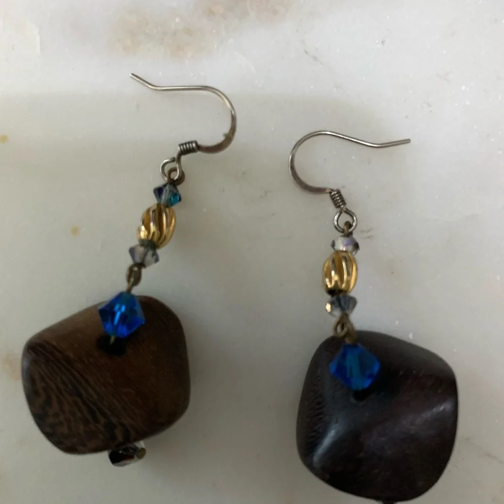 Boho dangly brown wood, royal blue Swarovski crystal bead dangle earrings